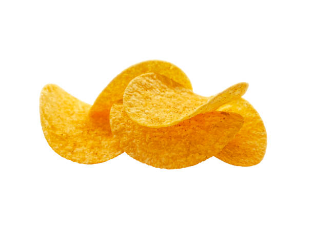 Heap of spicy potato chips isolated on white background.